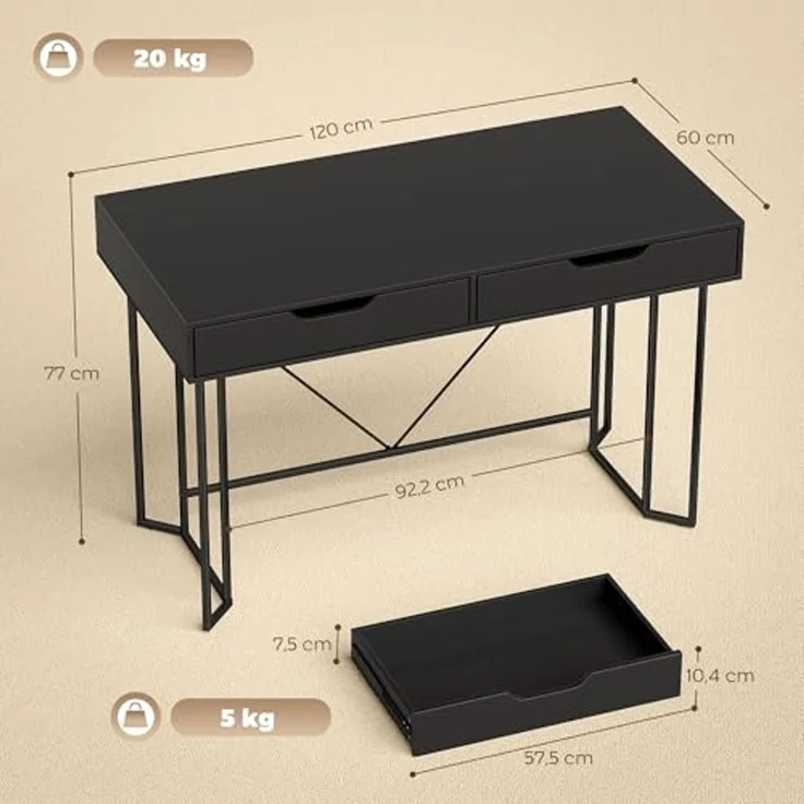 HOMCOM Schreibtisch mit 2 Schubladen (Bürotisch, 1-St, Computertisch), 120 x 60 x 77 cm Schwarz – Bild 3