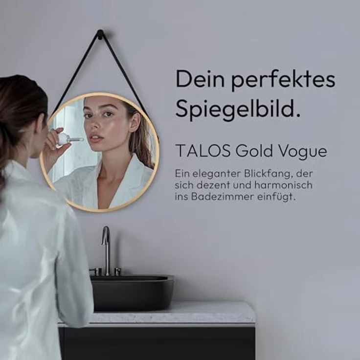 Talos Golden Style Wandspiegel Ø 50 cm, runder Badspiegel in Gold mit hochwertigem Aluminiumrahmen und Lederoptik Aufhängung, vielseitig einsetzbar – Bild 2
