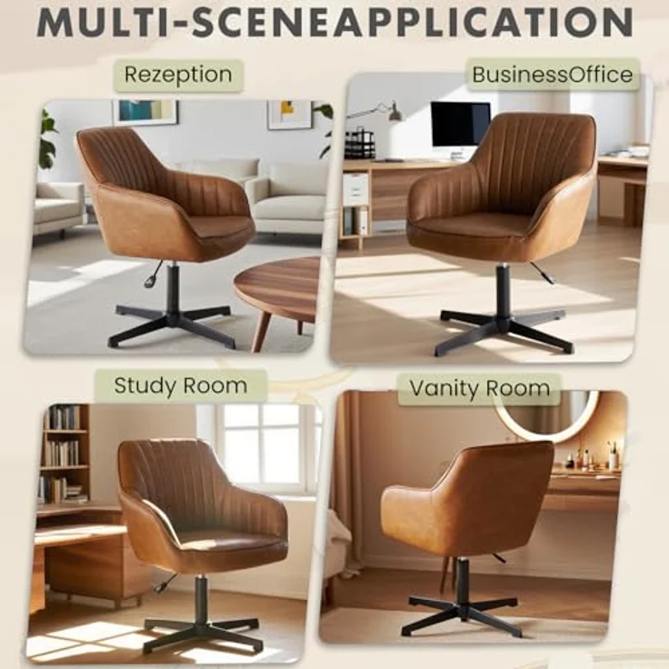 DUMOS Schreibtischstuhl Ohne Rollen, Bürostuhl Vintage PU Stoff, Höhenverstellbar Schminktisch Stuhl, Drehstuhl Kinder, Bis 135 kg Belastbar Desk Chair, für Arbeitszimmer, Schlafzimmer, Braun – Bild 8