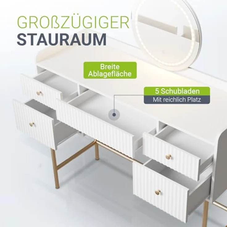 Juskys Schminktisch Samira & Hocker Melly mit Touch-LED-Spiegel, 5 Schubladen, viel Stauraum & elegantes Design für Schlafzimmer & Make-up – Weiß/Gold – Bild 5