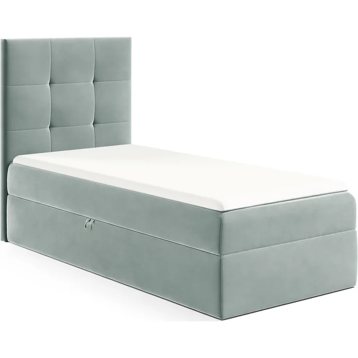MEBLINI Kinderbett mit Bettkasten MINO 2 100x200 Links – H3/Blaugrau Samt Gepolstert Einzelbett mit Matratze - Polsterbett mit Stauraum - Bett mit Kopfteil – Stauraumbett