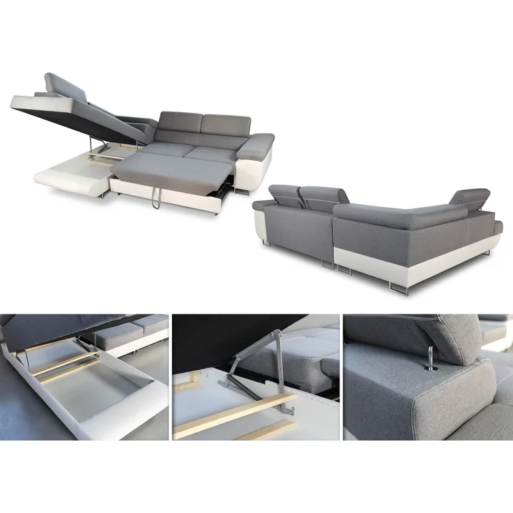 Ecksofa Caris mit Schlaffunktion, Bettkasten und einstellbare Kopfstützen (Grau + Dunkelgrau (Sawana 21 + Sawana 05), Ecksofa Rechts) – Bild 4