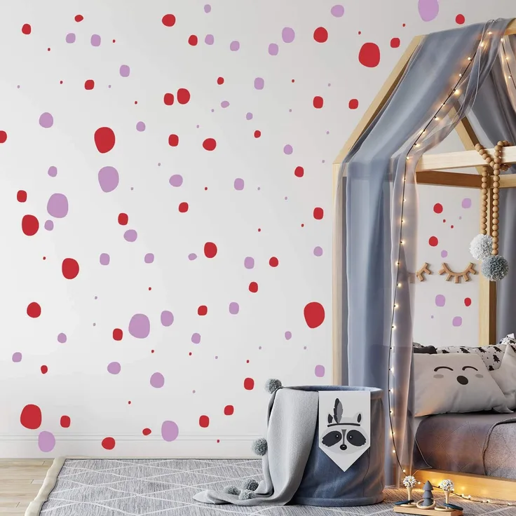 TUPFEN DOTS Wandtattoo 128 Stück | rund & handgezeichnet Punkte | Konfetti AUFKLEBER Kindergarten | unregelmäßige Punkte Wandsticker Kinderzimmer ZWEIFARBIG (Flieder/Rot)