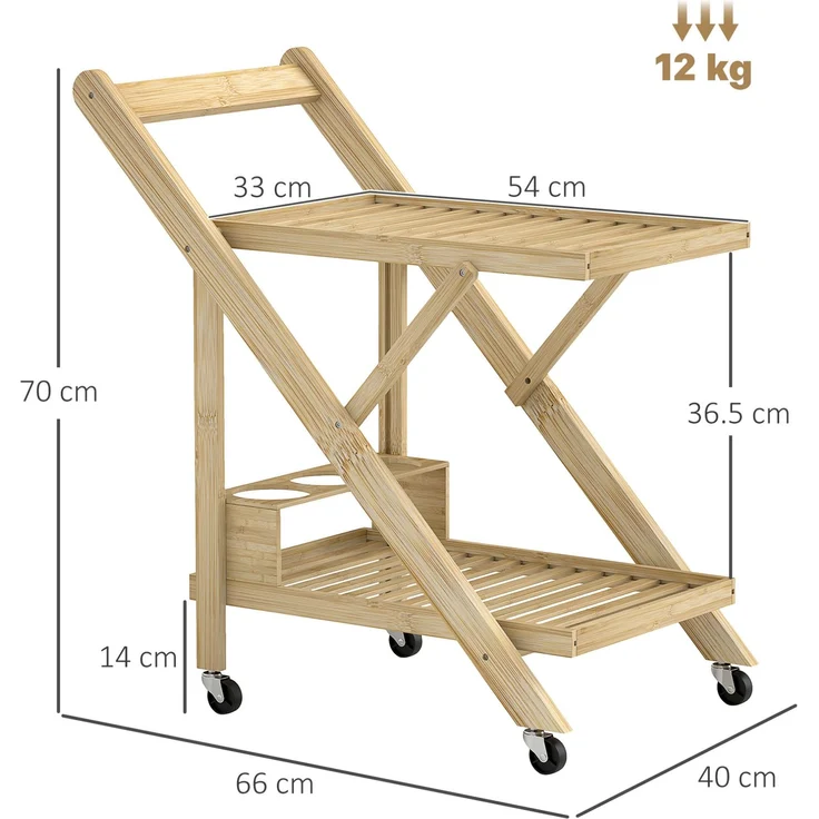 Küchenwagen 66x40x70 cm aus Bambus mit Weinregal und klappbarer Konstruktion – Bild 2