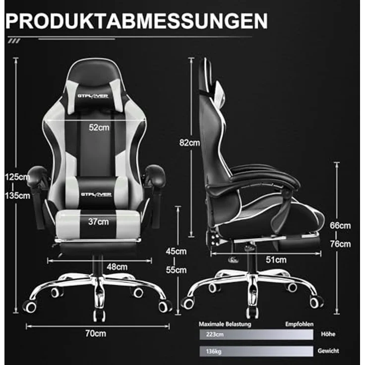 GTPLAYER Bürostuhl Gaming Stuhl Massage Gaming Sessel Ergonomischer Gamer Stuhl mit Fußstütze, Kopfstütze Massage-Lendenkissen, Gepolstert Gaming Chair, Drehsessel Weiß – Bild 4
