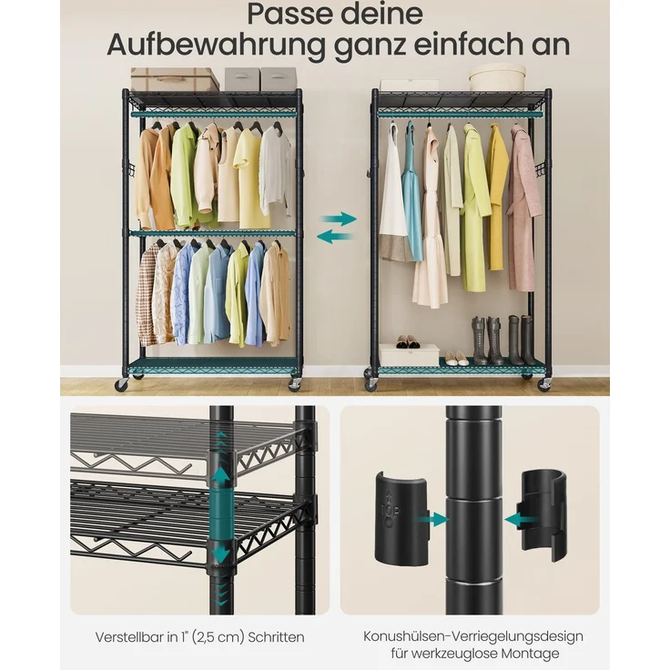 SONGMICS Mobiler Kleiderständer, Verstellbare Kleiderstange aus Metall, Offener Kleiderschrank, 90 x 40 x 199 cm, Schwarz – Bild 4