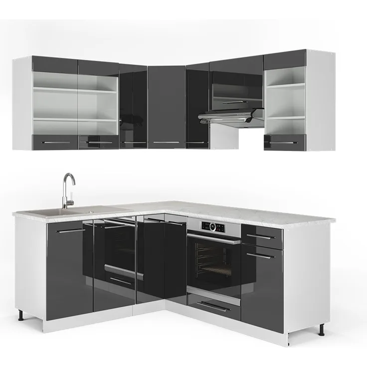 Eckküche Fame-Line Anthrazit Hochglanz/Weiß 190 x 60 cm , AP Marmor Vicco