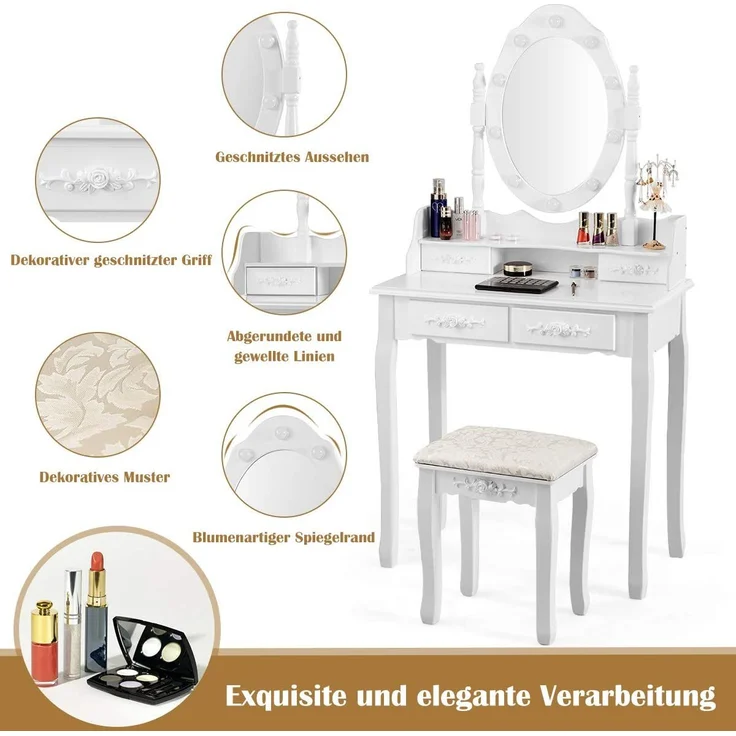 COSTWAY Schminktisch mit Hocker, 360° drehbarem Spiegel und 10 dimmbaren LED-Birnen, Frisiertisch aus Tisch und Abnehmbarer Oberteil, Kosmetiktisch mit 4 Schubladen, 75 x 40 x 146 cm (Weiß) – Bild 2