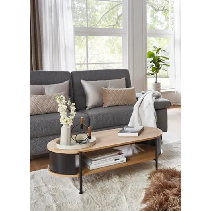 XXXL Couchtisch, oval, schwarz, Eiche, Metall, Holzwerkstoff, 54x37x100 cm – Bild 2