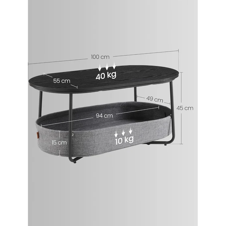 VASAGLE Couchtisch oval, Tisch mit Stauraum, Beistelltisch, Wohnzimmertisch mit Korb aus Stoff, modern, Metallrahmen, tintenschwarz-schiefergrau LCT222B56 – Bild 3