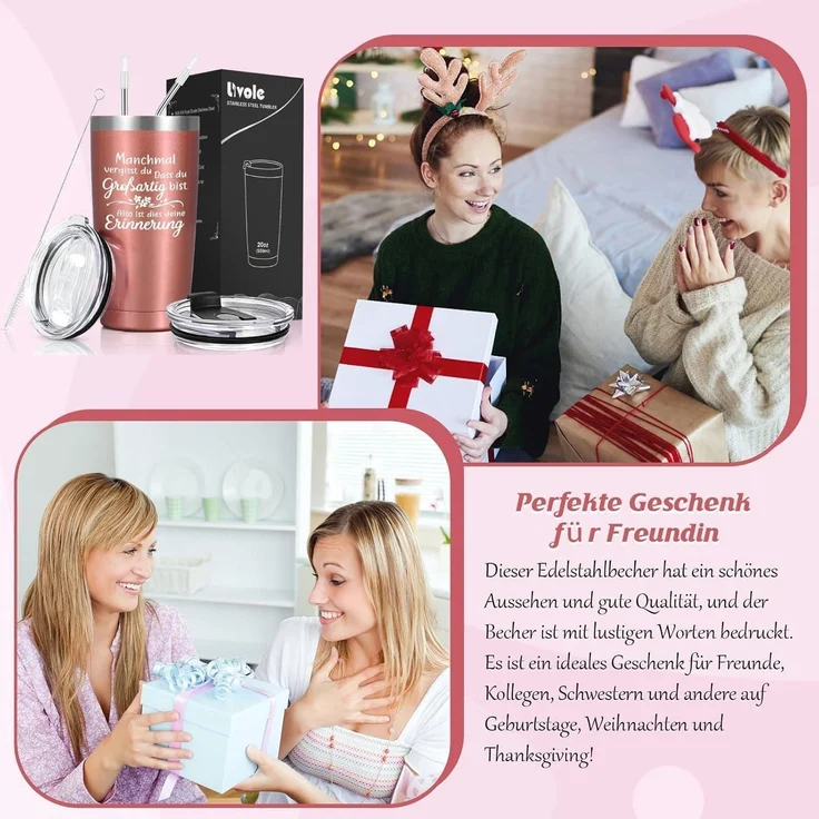 Livole Geschenk Frauen Freundin Geburtstag 20oz Thermobecher Roségold – Bild 4