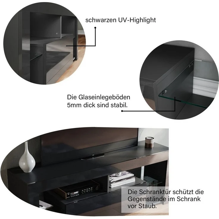 SONNI TV-Schrank Schwarzer TV-Ständer mit LED-Beleuchtung Stilvoll mit 12 Led Farben Beleuchtung – Bild 3