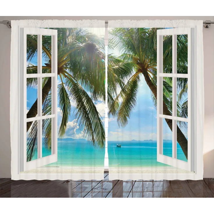 Abakuhaus Gardine Schlafzimmer Kräuselband Vorhang mit Schlaufen und Haken, Tropisch Fenster zum exotischen Strand