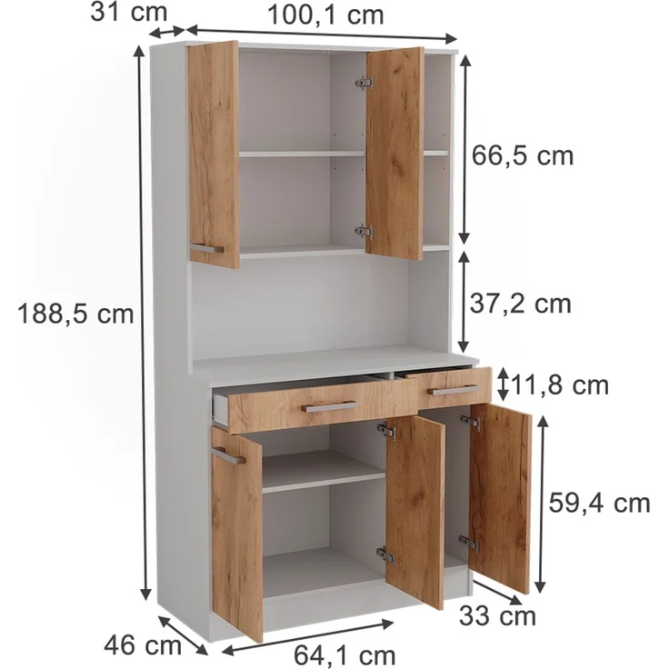 Küchenbuffet Raul Weiß/Goldkraft Eiche 100.1 x 188.5 cm mit 5 Türen & 2 Schubladen Vicco – Bild 2