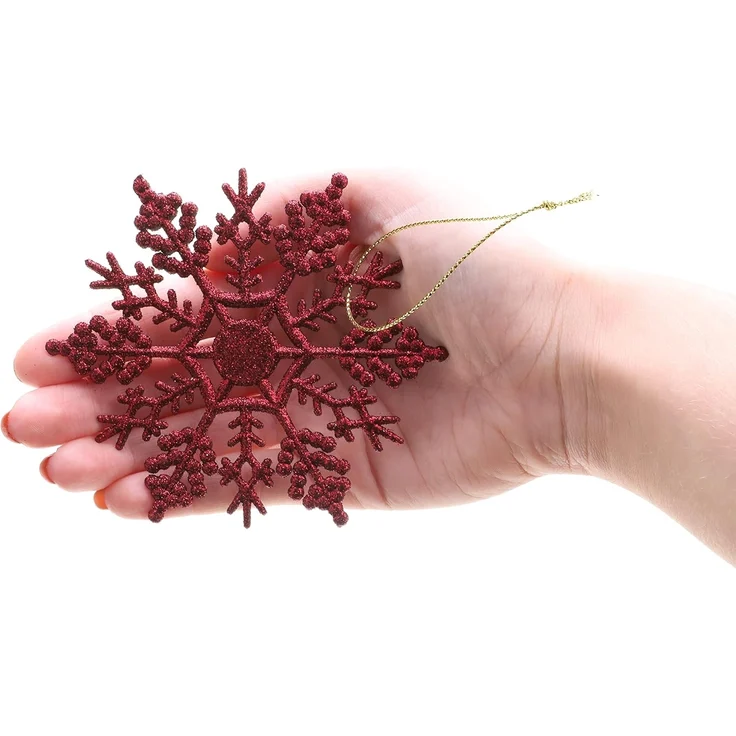 12 Stück - Weihnachtliche Schneeflockendekoration, glitzernde Schneeflockenornamente, Partydekoration (rot, 10 cm) – Bild 3