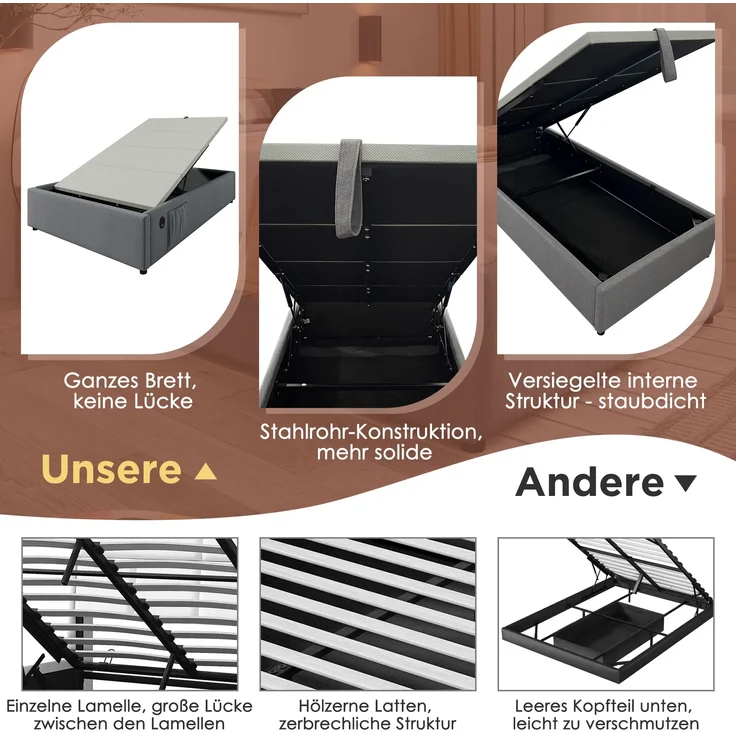Polsterbett Bettgestell mit Stauraum & USB-Anschluss, 91x192x29 cm, Grau, ohne Matratze – Bild 9