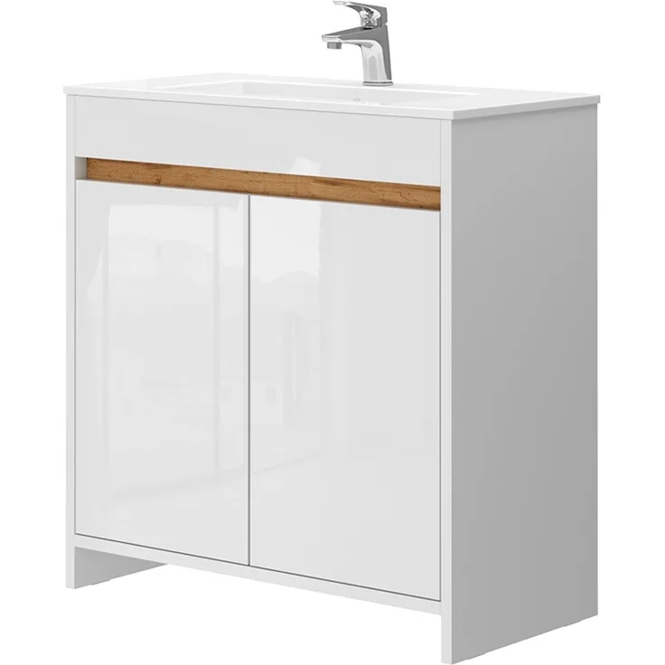 Waschbeckenunterschrank Lemgo Weiß Hochglanz 2 Teile, Unterschrank 80 cm Vicco