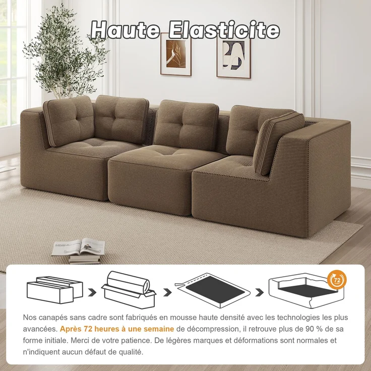U-förmiges Sofa mit 1 Fußhocker mit Cordbezug und beweglicher Fußauflage, rahmenfreie Lounge-Couch mit breiten Armlehnen ohne Montage, Braun – Bild 2