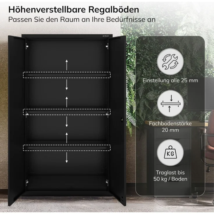 Metallschrank mit Doppel-Schublade RUEL - 195x90x40cm Schwarz | Büroschrank Aktenschrank Stahlschrank Fachbodenschrank Werkstattschrank – Bild 5