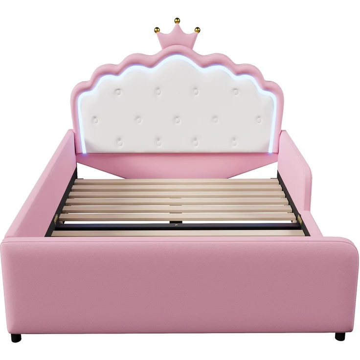 Polsterbett, 140x190 cm, Ohne Matratze, Mit LED-Lichtleiste, Prinzessinnenbett in Kronenform, Sicherheitsgitter, PU, Rosa – Bild 8