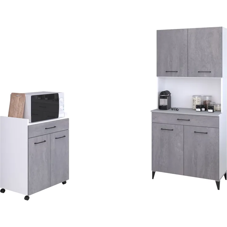 Mehrzweckschrank-Set >Malice 1< (2-teilig) Beton Optik hell, Weiß, Buffetschrank + Beistellschrank