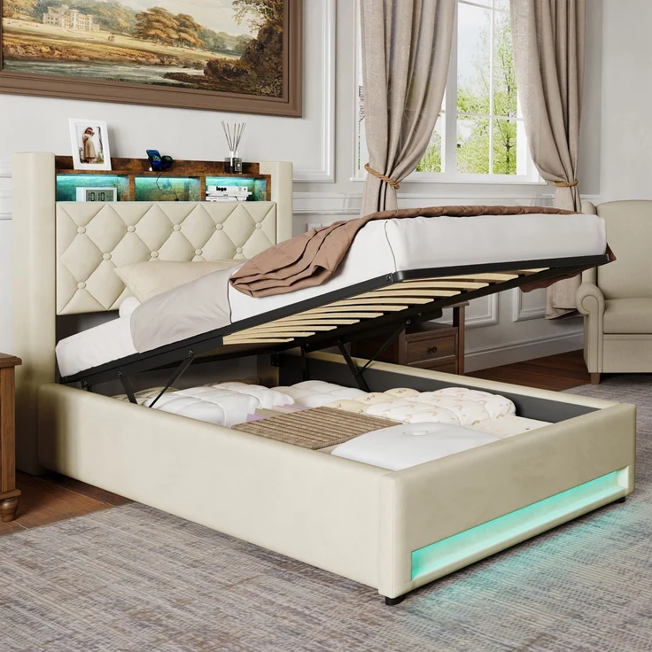 Polsterbett aus Samt mit hochelastischer Polsterung & Lattenrost, ohne Matratze, 90x200 cm, Beige – Bild 9