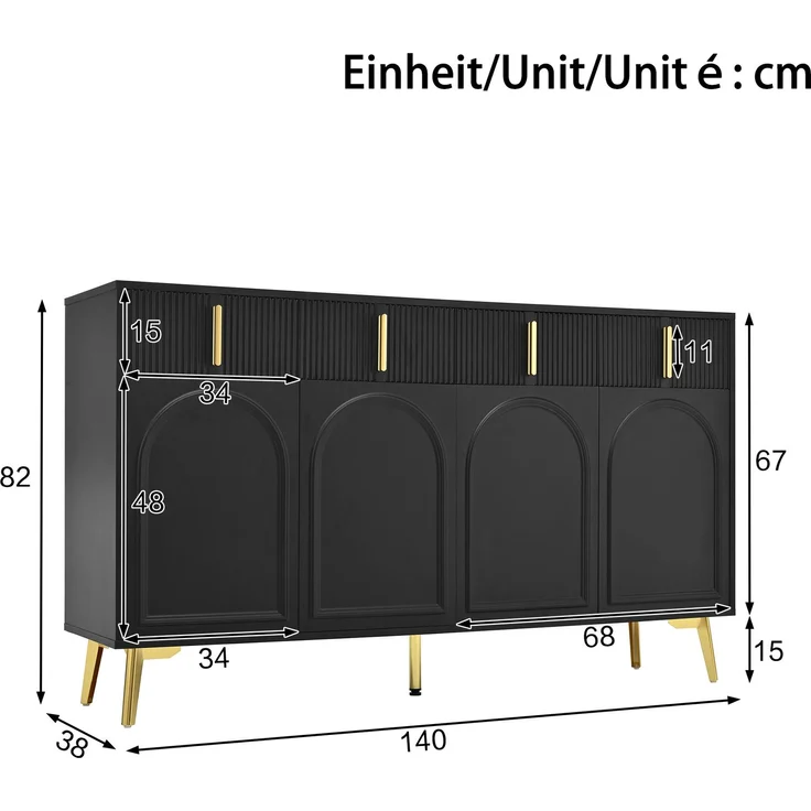 Sideboard 140 x 38 x 82 cm aus MDF, Schwarz mit goldfarbenen Akzenten – Bild 5