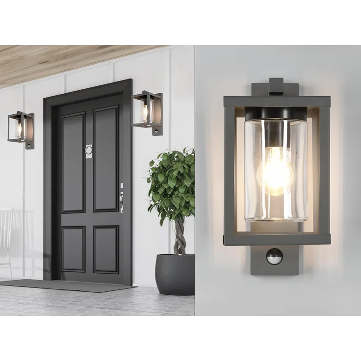 LED Außenwandleuchte mit Bewegungsmelder, Laternenoptik, Höhe 33cm, Anthrazit