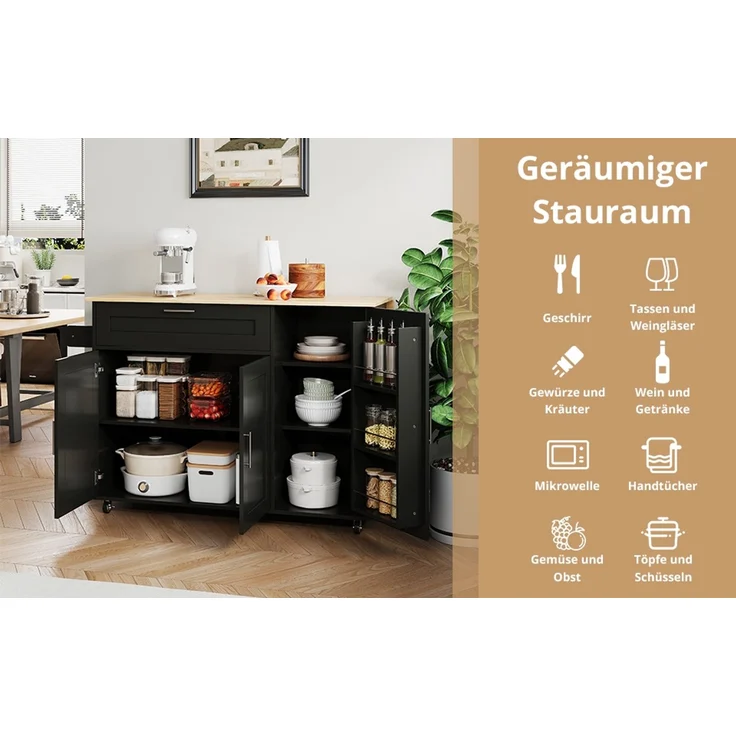 L132.5*B44(70)*H90cm großer mobiler Küchentisch, Arbeitsplatte klappbar, Eiche Maserung, multifunktionaler Schrank, Gewürzregal, Handtuchhalter, 5 Rollen, geeignet für Küche/Essen/Haus – Bild 9