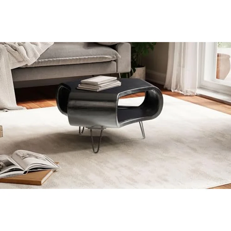 Livetastic Couchtisch, Schwarz, massives Mangoholz, organische Form, 60x35x60 cm, mit Stauraum und offenem Fach, einfacher Aufbau – Bild 3