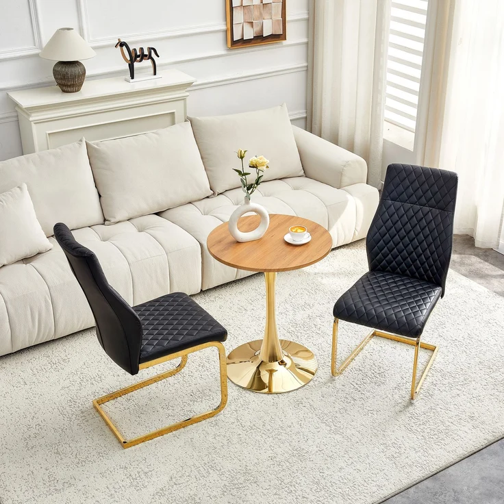 Esstischgruppe rund 60 cm aus MDF mit 2 Stühlen, goldfarbenem Metallgestell und PU-Leder in Schwarz – Bild 3