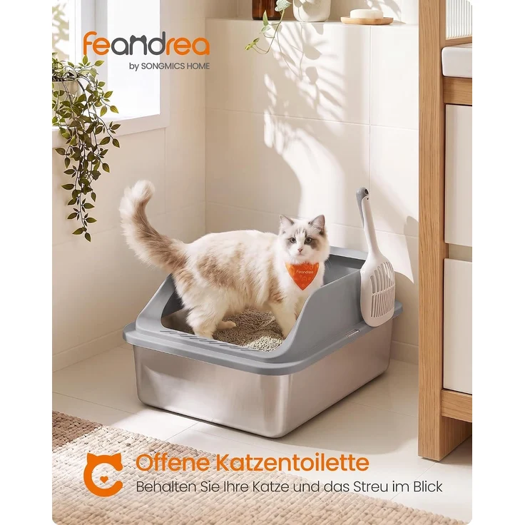 FEANDREA Edelstahl Katzenklo XXL Offen mit Hohem Rand und Spritzschutz 51 x 36 x 26 cm Taubengrau – Bild 2