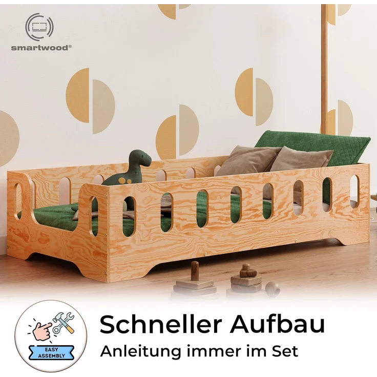 smartwood Kinderbett Bodenbett 70x160 mit Rausfallschutz & Lattenrost - Lackiert - Kinder Montessori Bett TILA 2B mit glatten Kanten - Betten für schnelle Montage - Bis 230 kg belastbar – Bild 4