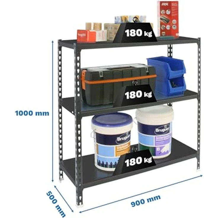 Simon Rack Simonclick Metallregal, 1000 x 900 x 500 mm, 3 Regalböden, 180 kg Biege-Punkt, Regale, Anthrazit – Bild 3