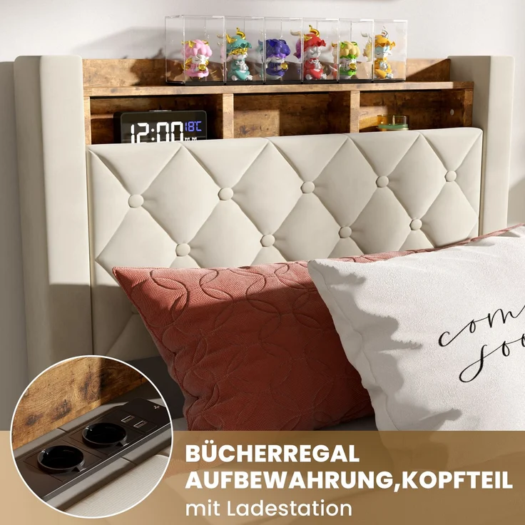 Polsterbett aus Samt mit hochelastischer Polsterung & Lattenrost, ohne Matratze, 90x200 cm, Beige – Bild 5