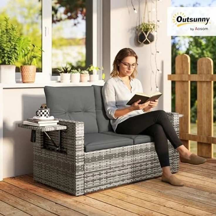 Outsunny Gartensofa mit Kissen, Klappbar Seitentabletts, Loungesofa 1 Teile, für Garten Terrasse Balkon, Poly Rattan Hellgrau – Bild 2