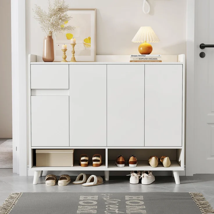Merax Schuhschrank, Sideboard, mit großem Stauraum, 4 Türen und 1 Schubladen mit einem verstellbaren Regal, Weiß – Bild 1
