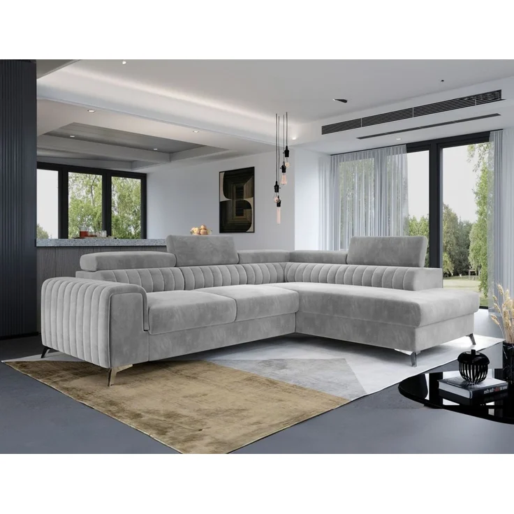 Ecksofa mit Schlaffunktion Sofa ELENI Stoff Paros Hellgrau Ottomane Rechts – Bild 1