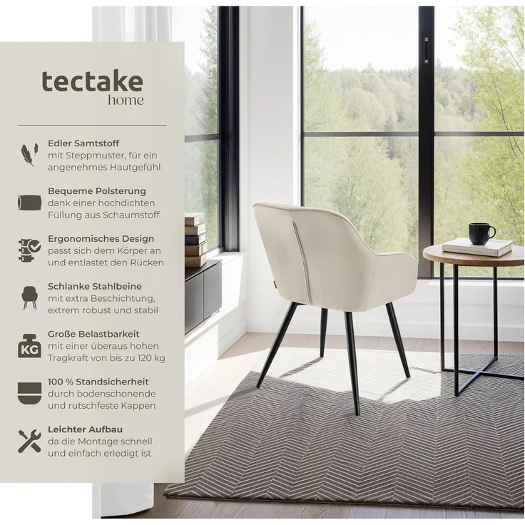 tectake Esszimmerstuhl Marilyn (1er Set, 1 St), gepolstert, in Samtoptik, gesteppt – Bild 4