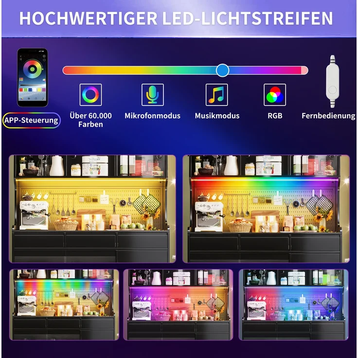 Hochschrank 144,9x39x171 cm mit LED-Beleuchtung, geriffelter Glasfront und Schiebetüren – Bild 8