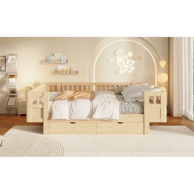 Merax Hochbett 140x200 Kinderbett, mit hohem Schutzgitter & zwei großen Schubladen, Holzfarbe – Bild 6