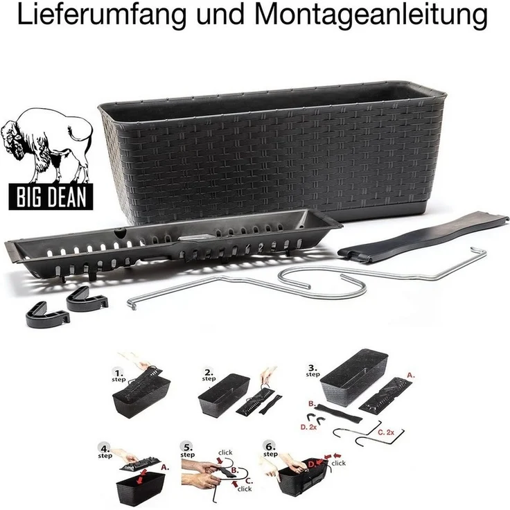 BigDean 2er Set Blumenkästen für Balkon-Geländer - Rattan-Optik - Anthrazit - Balkonkästen mit Metall-Halterung - 39 x 15,5 x 14 cm - inkl. Bewässerungssystem – Bild 3