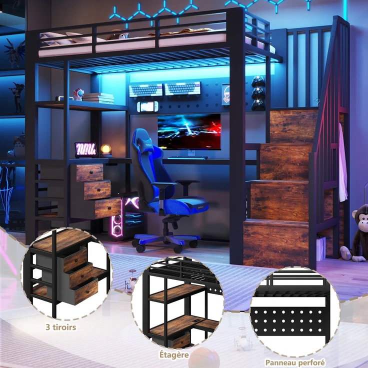 Merax Hochbett, Kinderbett 90 x 200 cm, Einzelbett, Metallbett, mit Ablagefläche, Schublade, Lochwand, Tisch, Steckdose, LED-Licht, ohne Matratze, Schwarz – Bild 7