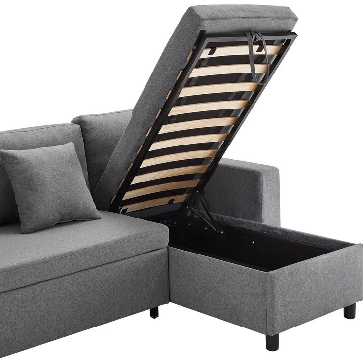 Multifunktions Sofa mit verstellbarer Chaiselongue & Staufach, Leinen, 219,5x142,5x83 cm, Dunkelgrau – Bild 10