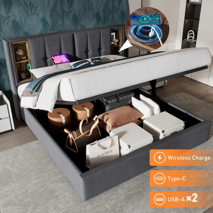 EINHOM Doppelbett 180x200cm mit Stauraum Lattenrost, Polsterbett mit Kabellosem Laden USB C, Leinen, Grau (Ohne Matratze) – Bild 6