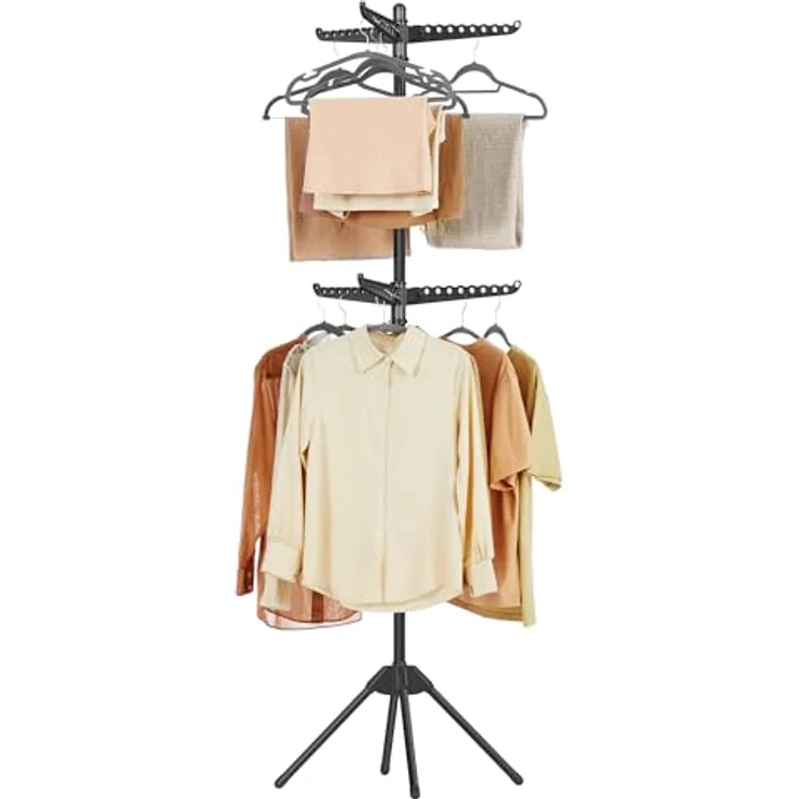 SONGMICS Wäscheständer, Standtrockner, 6 drehbare Arme für Kleiderbügel, 4 Beine, klappbar, für Innenbereich, Edelstahl, für Kleidung und Socken, 191 cm hoch, schwarz LLR514B01 – Bild 1