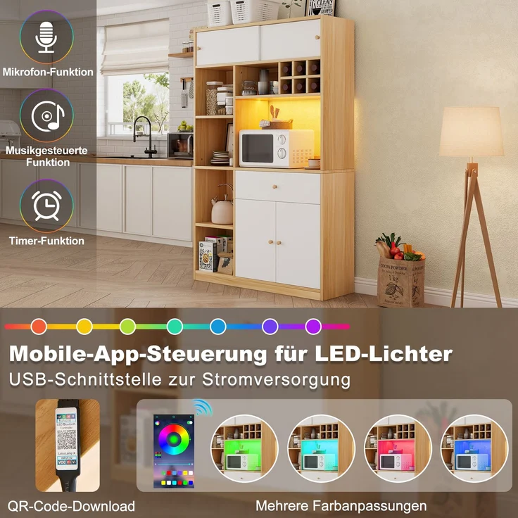ZUBALIYA Buffetschrank 115x35x180 cm, mit LED-Beleuchtung, aus Spanplatte, Weiß / Natur – Bild 7
