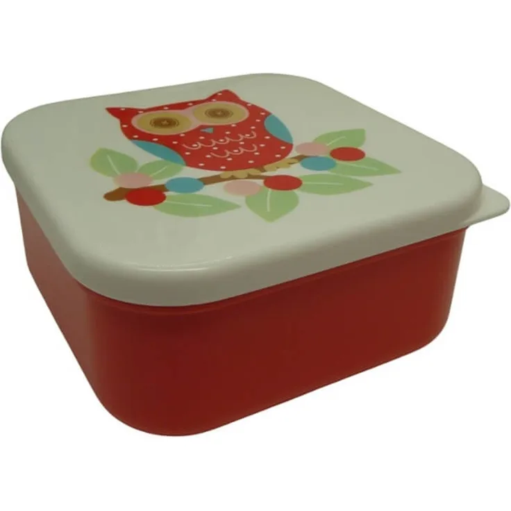 Süße Retro-Lunchbox aus Kunststoff in Rot mit buntem Print und niedlicher Eule