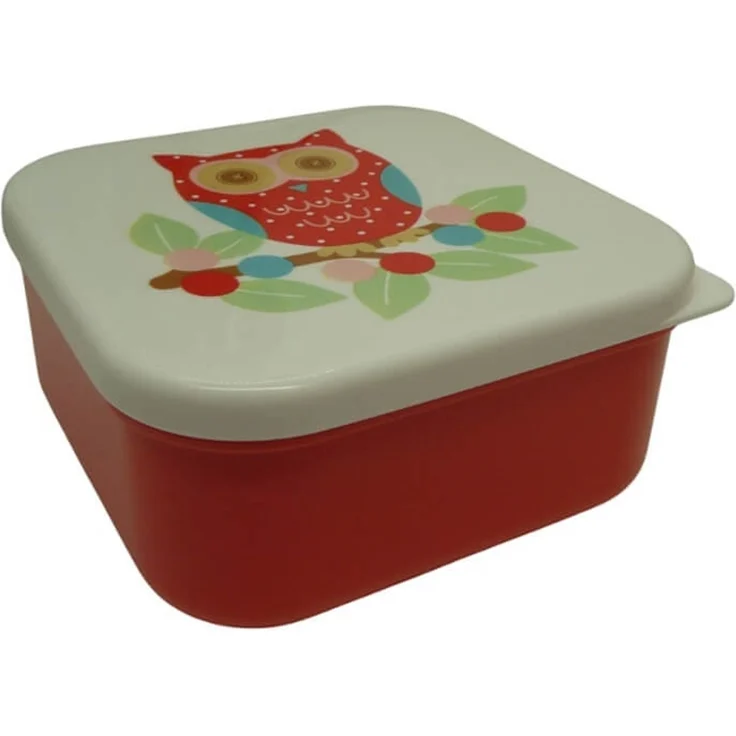 Süße Retro-Lunchbox aus Kunststoff in Rot mit buntem Print und niedlicher Eule