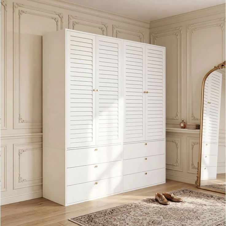 CHICFURN Kleiderschrank 180x200x50 cm mit 4 Lamellentüren, 6 Schubladen und 2 Kleiderstangen Weiß – Bild 3